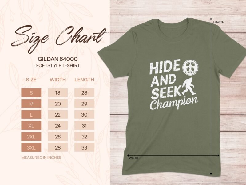 Size chart for Gildan 64000 softstyle t-shirt with "Hide and Seek Champion" design in olive green.