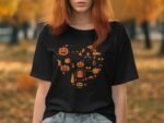 A woman wearing a black t-shirt with orange Halloween-themed graphics stands in a park with autumn leaves.