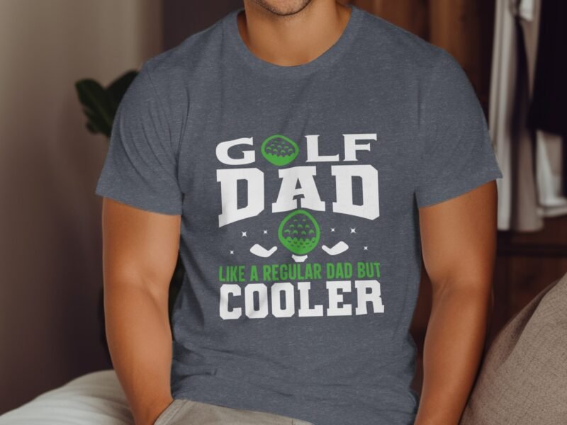 Man wearing a gray t-shirt with "GOLF DAD" and "like a regular dad but cooler" printed in white and green text.