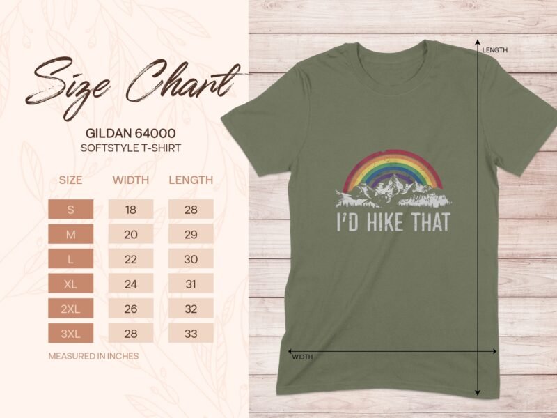 Size chart for Gildan 64000 softstyle t-shirt, with measurements for sizes S to 3XL, featuring a rainbow and mountain graphic.
