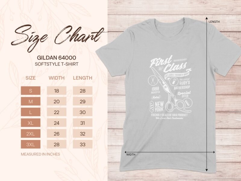 Size chart for Gildan 64000 softstyle t-shirt, displaying measurements for sizes S to 3XL in inches.