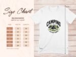 Size chart for Gildan 64000 softstyle t-shirt with measurements for various sizes and "Camping, It's In Tents" graphic.