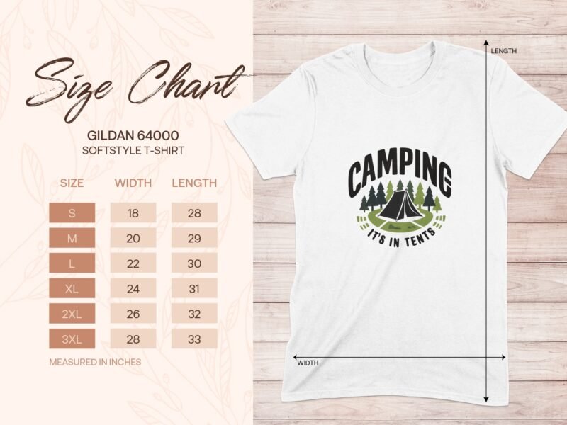 Size chart for Gildan 64000 softstyle t-shirt with measurements for various sizes and "Camping, It's In Tents" graphic.