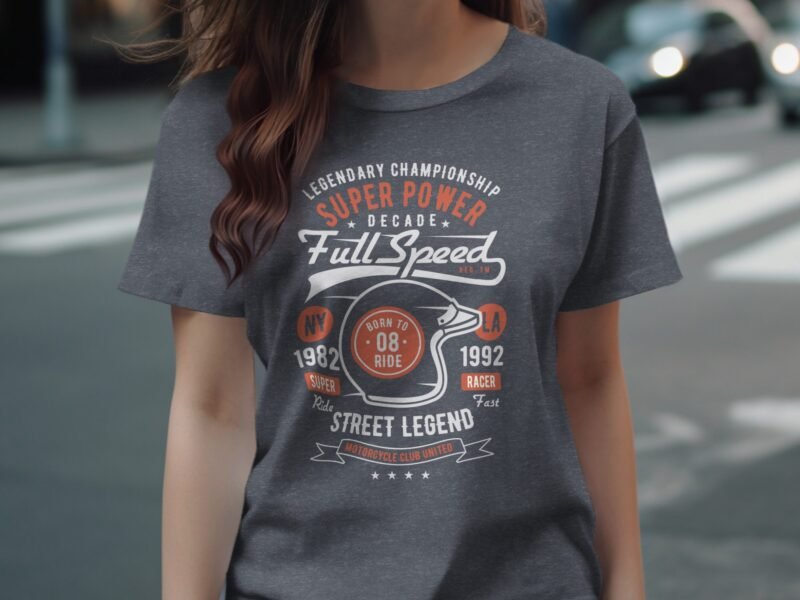 Gray t-shirt with vintage motorcycle graphic and text: "Legendary Championship Super Power Full Speed."