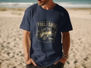 A man wearing a navy blue shirt with a vintage truck graphic and the phrase "Fuel for the Soul" on a beach.
