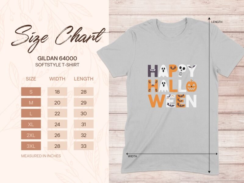 Size chart for Gildan 64000 softstyle t-shirt featuring "Happy Halloween" design and measurements in inches.