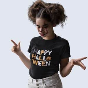 A woman wearing a Halloween graphic t-shirt and she has scary makeup
